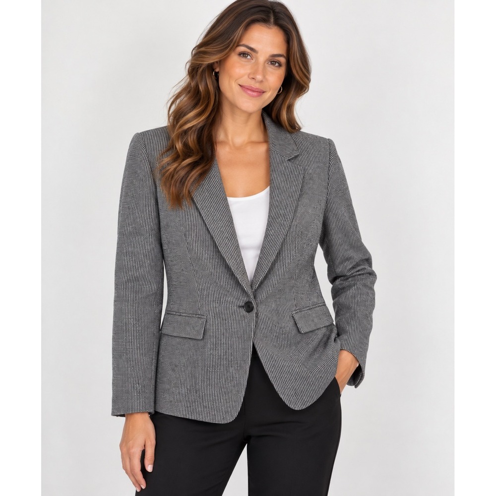 Loft Womens Black White Houndstooth Knit Blazer Elbow Patches Size 8 RN140923